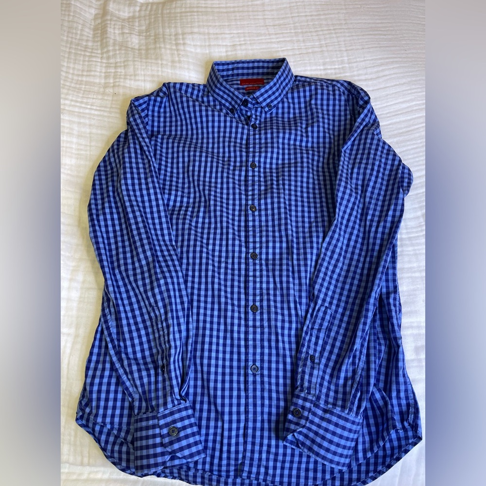 Zara Man Superslim Fit Blue Gingham Button-Down Shirt Size XL